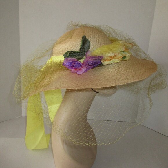VTG 60's Wide Brim Natural Straw Hat wVeil Flowers Yellow Ribbon Bergdorf France - Picture 4 of 11